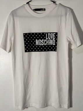 Love Moschino White Tee with Black Polka Dot Logo Panel